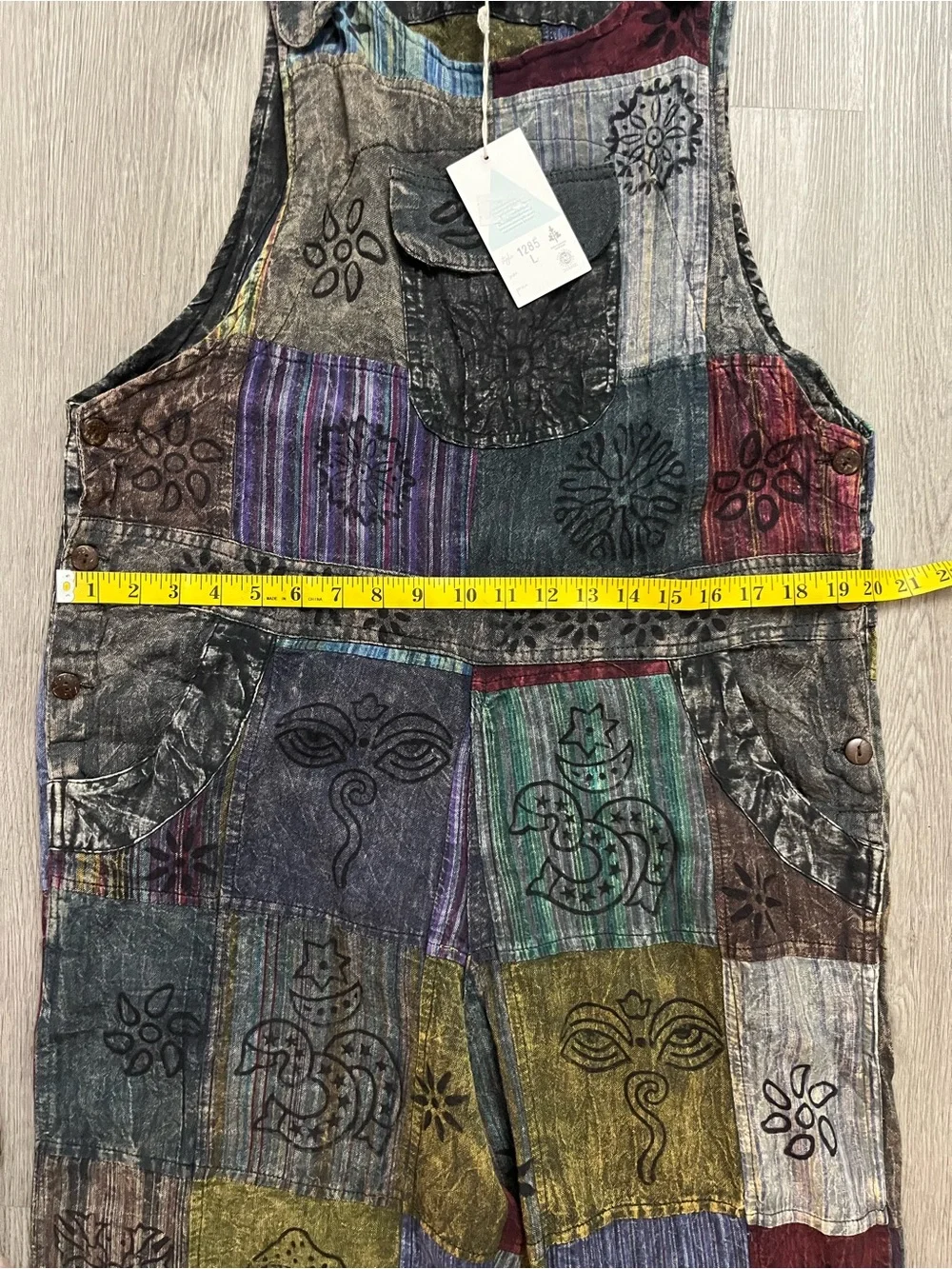 244–NWT Boho Patchwork Multi-Color Cotton Blend Overalls - Picture 4 of 6
